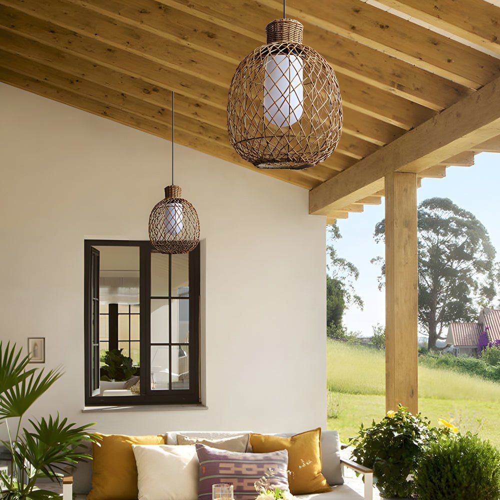 Outdoor Rattan Pendant Light Rustic Modern Hanging Lantern 10W LED