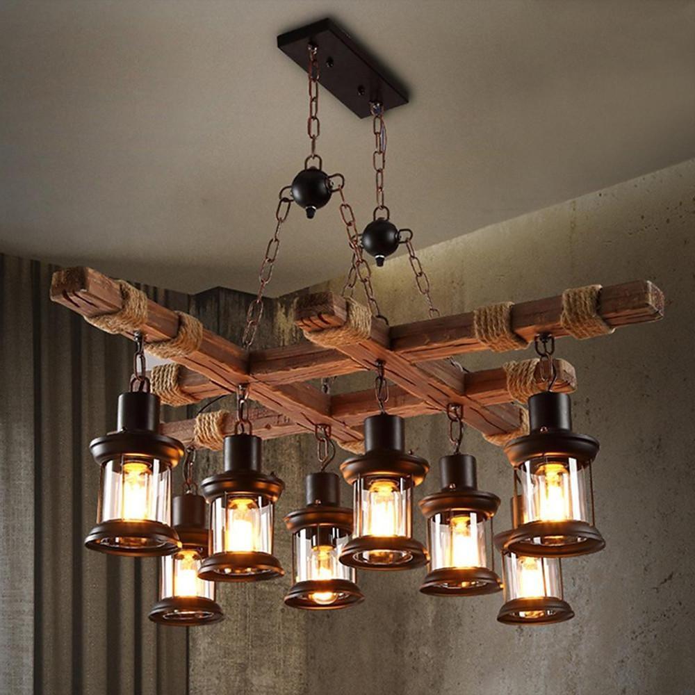 Vintage Wood & Glass 8-Light Farmhouse Pendant Chandelier