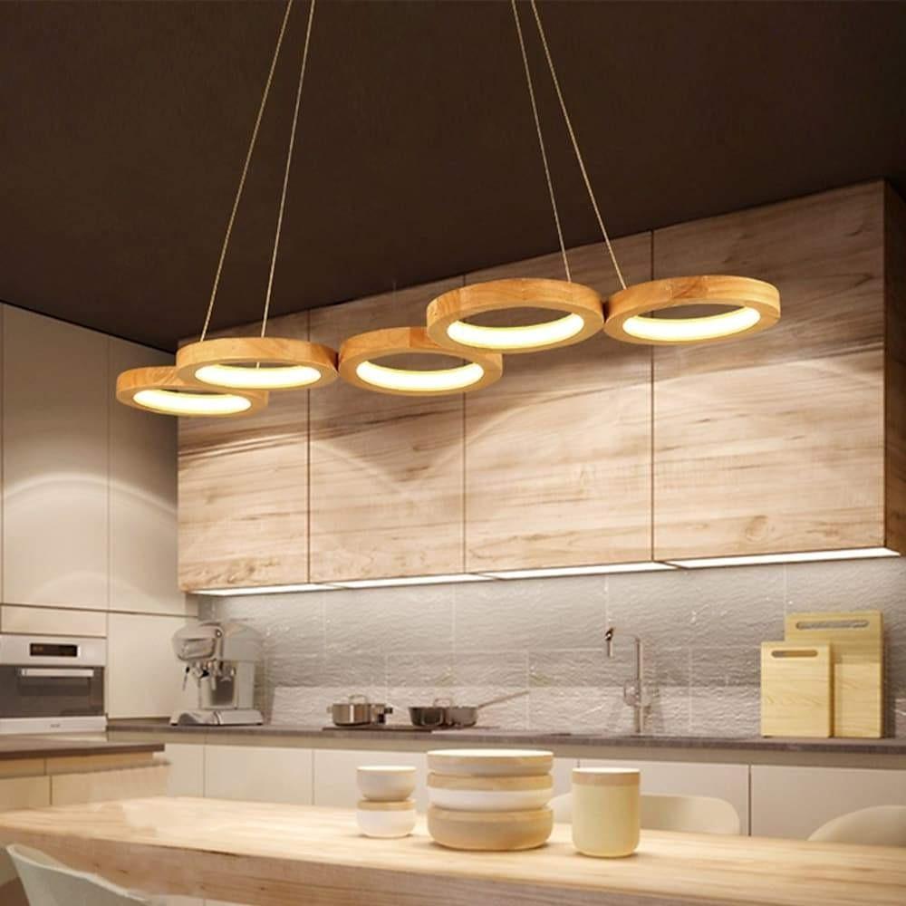 Modern Wood Ring Pendant Light - 4 or 5 Circle LED Ceiling Fixture