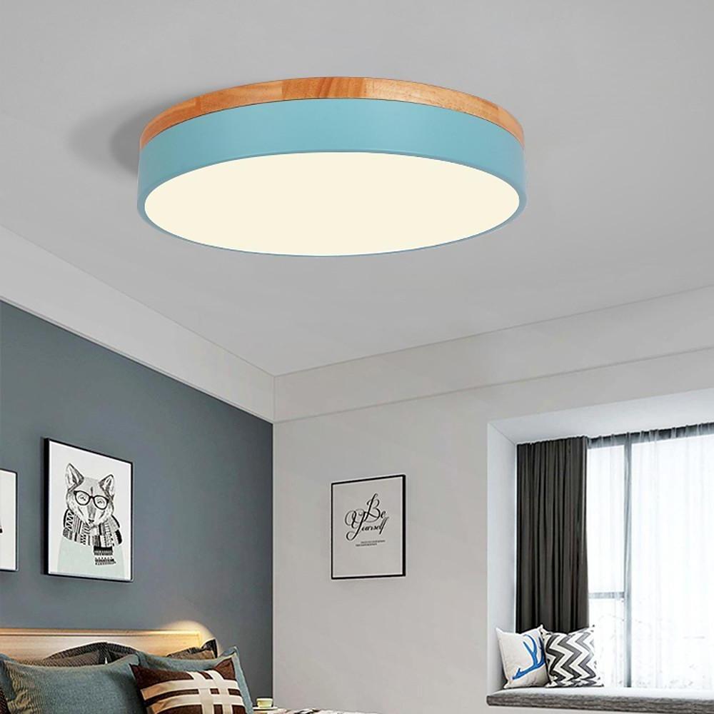 Modern Drum Flush Mount LED Ceiling Light Metal Wood Design