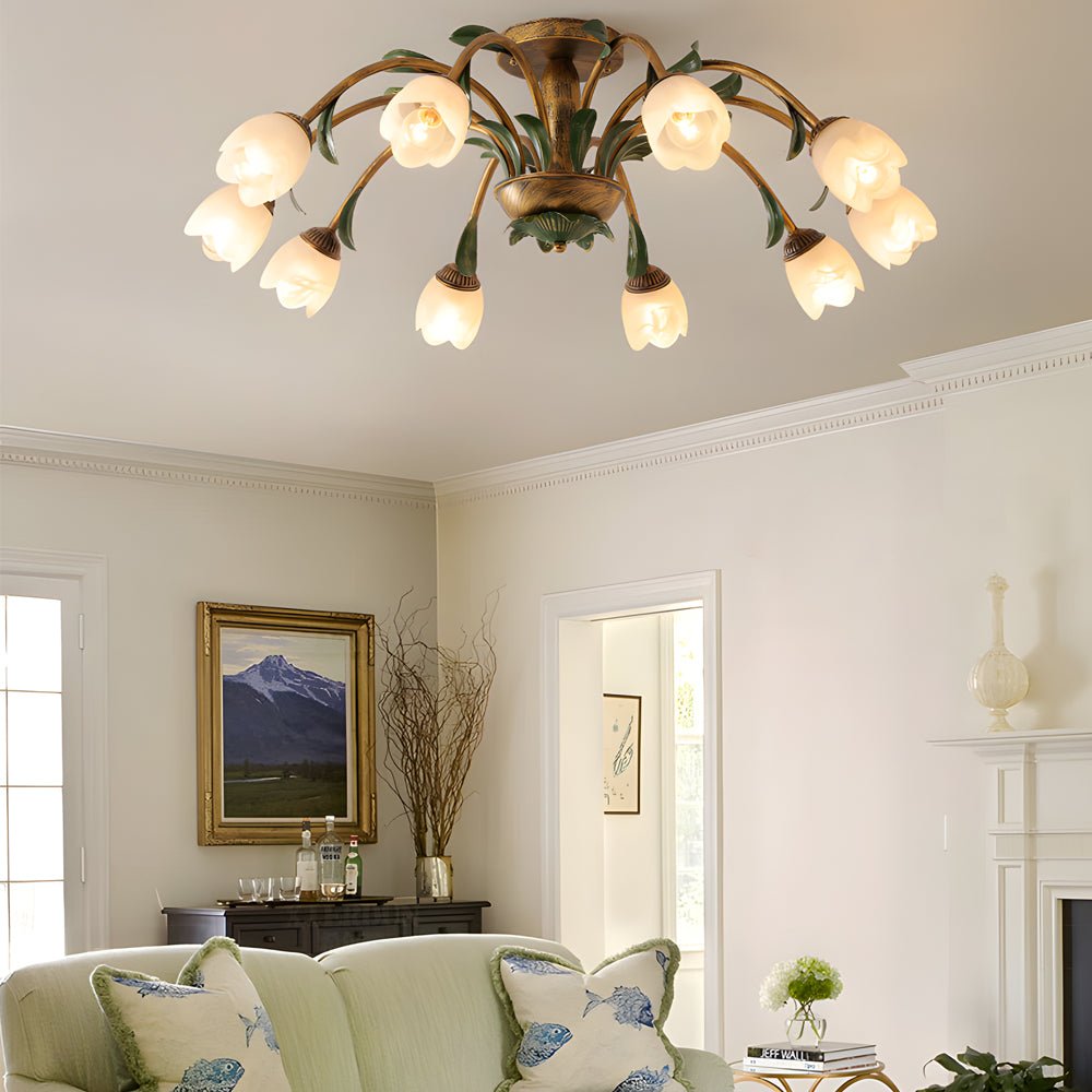 Floral Glass Ceiling Light with 3-Step Dimming | Iron Frame