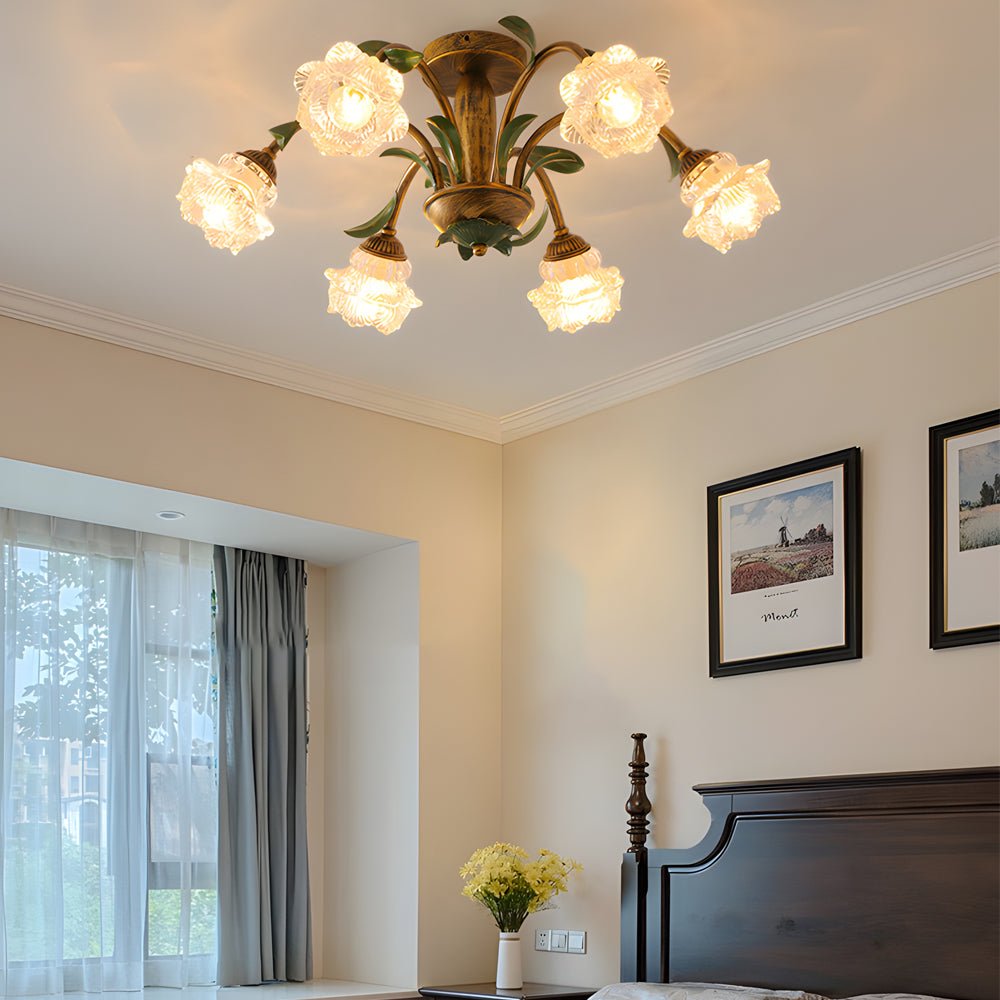 Floral Glass Ceiling Light with 3-Step Dimming | Iron Frame
