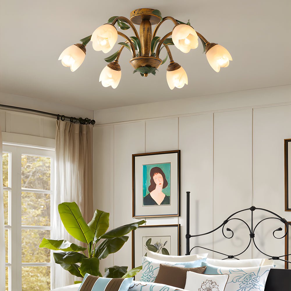 Floral Glass Ceiling Light with 3-Step Dimming | Iron Frame