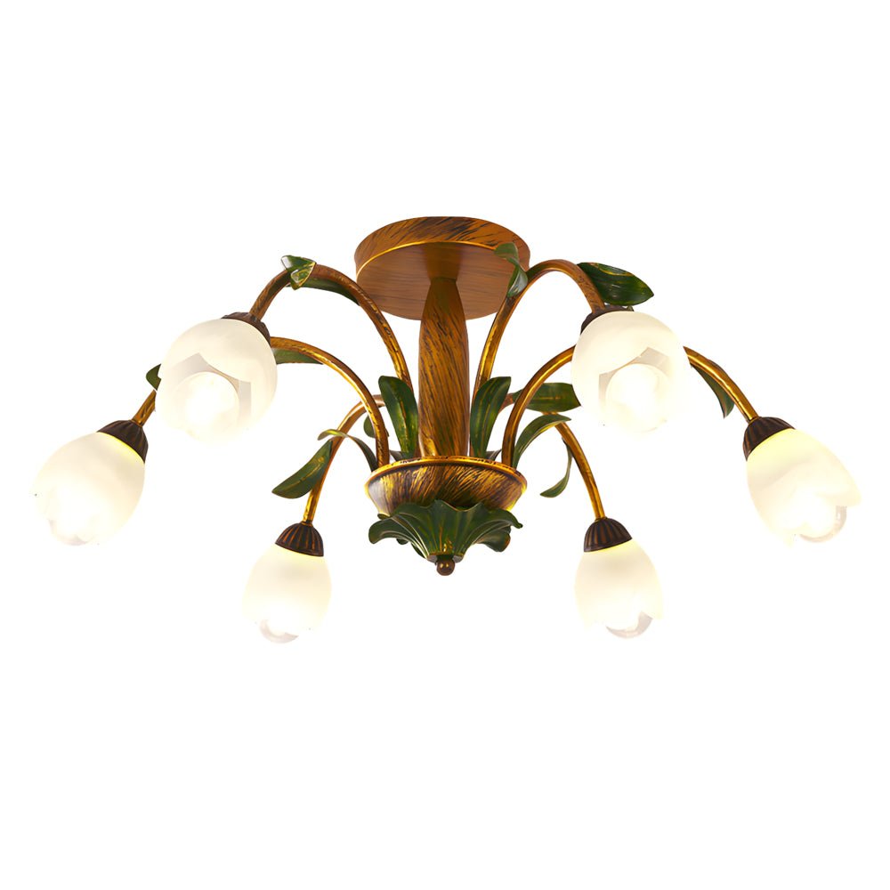 Floral Glass Ceiling Light with 3-Step Dimming | Iron Frame