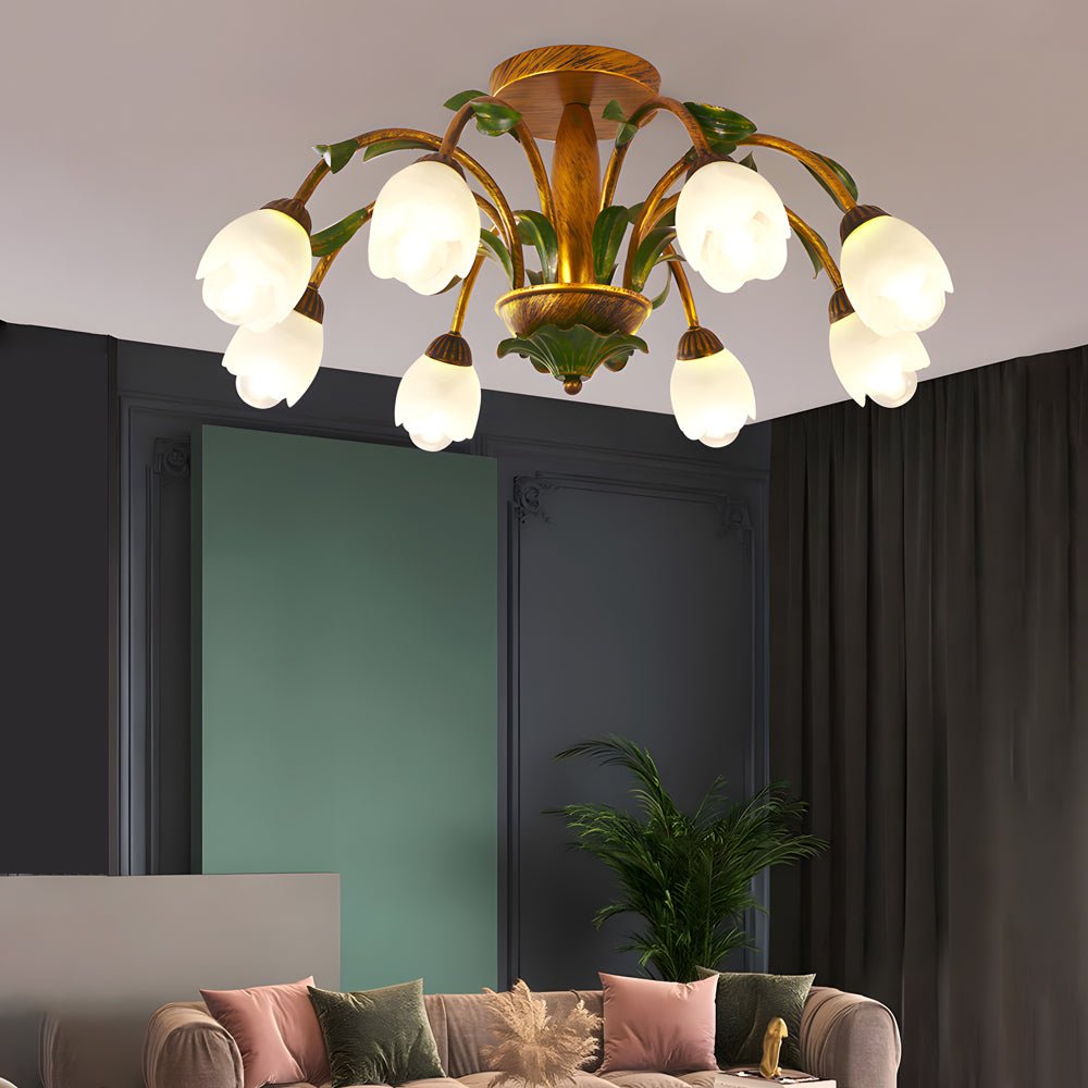 Floral Glass Ceiling Light with 3-Step Dimming | Iron Frame