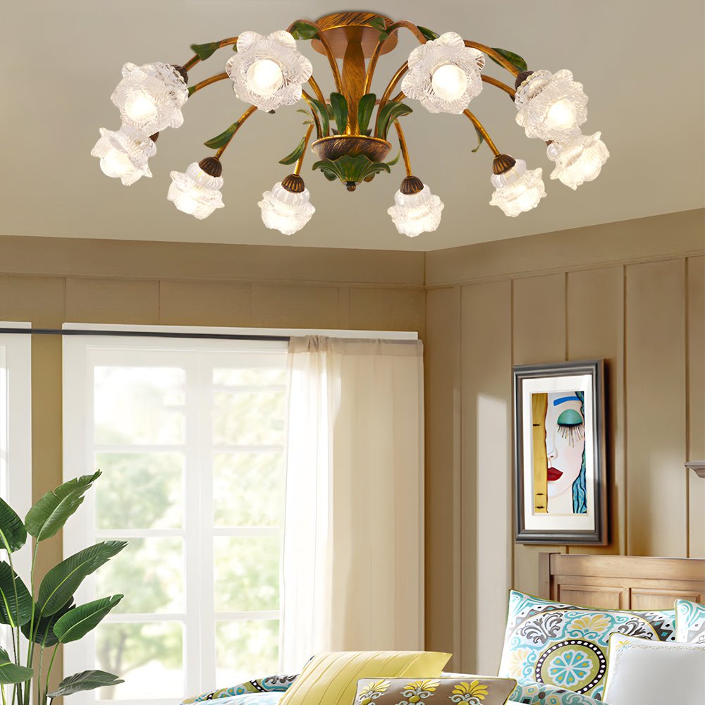 Floral Glass Ceiling Light with 3-Step Dimming | Iron Frame