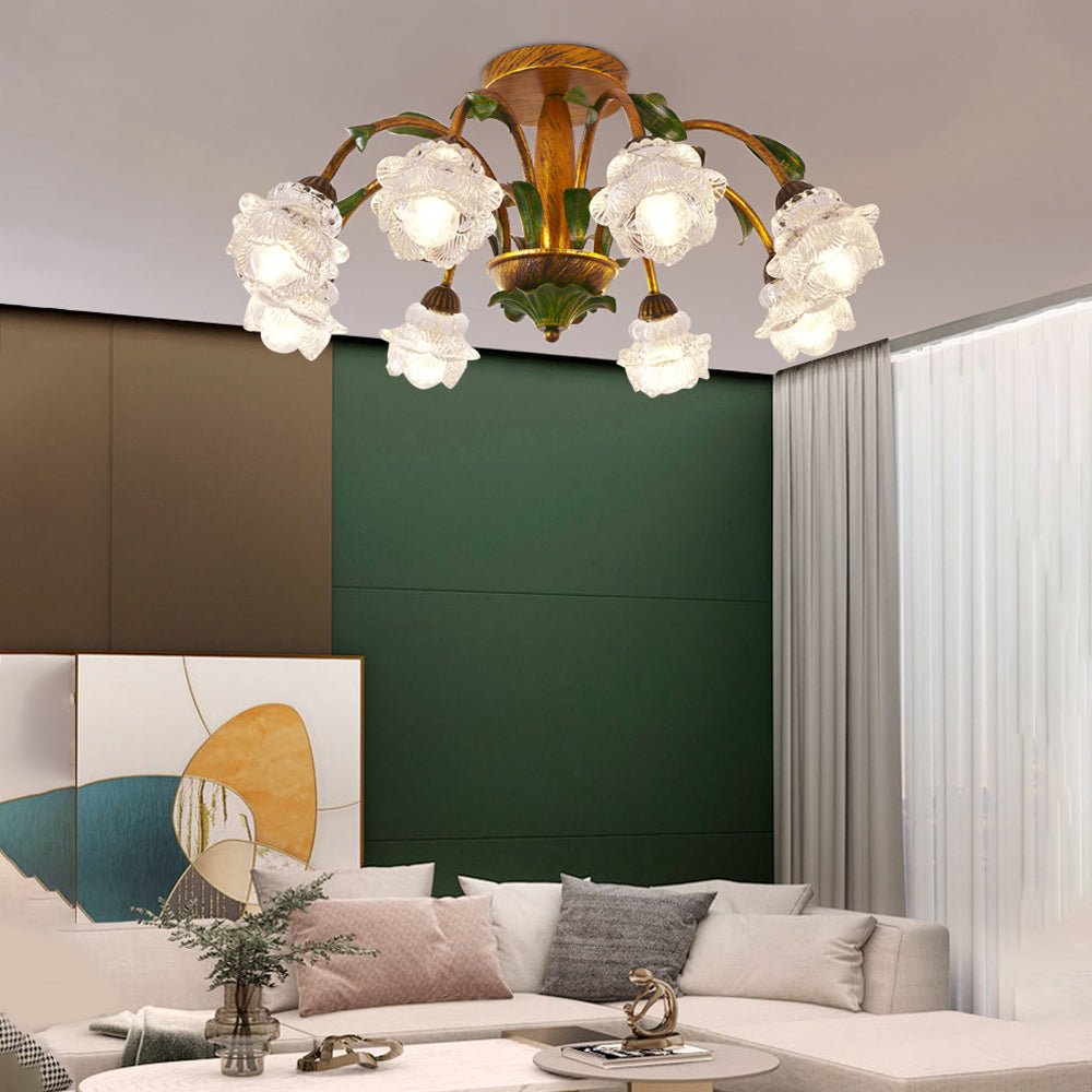 Floral Glass Ceiling Light with 3-Step Dimming | Iron Frame