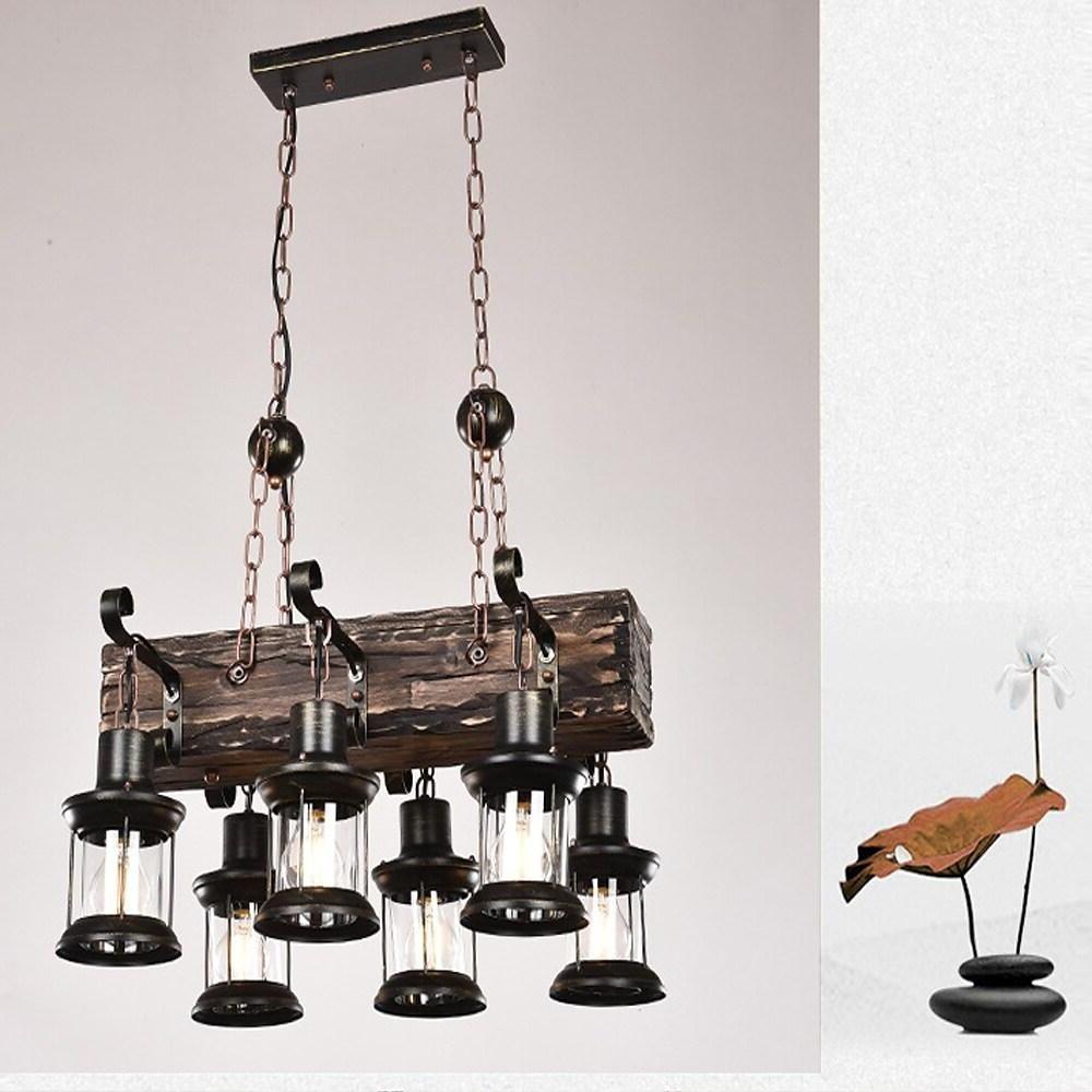 6-Light Farmhouse Wooden Chandelier with Glass Lantern Shades