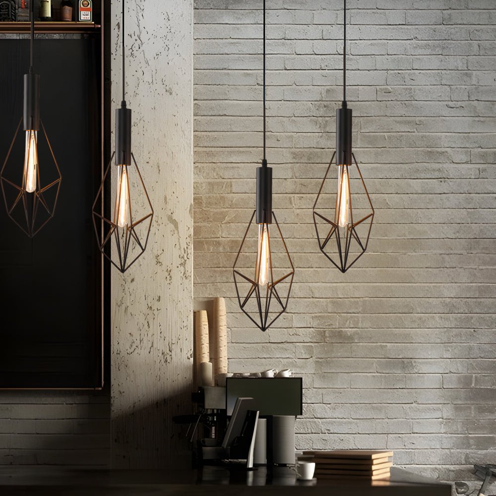 Geometric Iron Pendant Light – Industrial Black Cage Chandelier