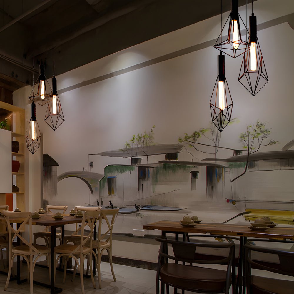 Geometric Iron Pendant Light – Industrial Black Cage Chandelier
