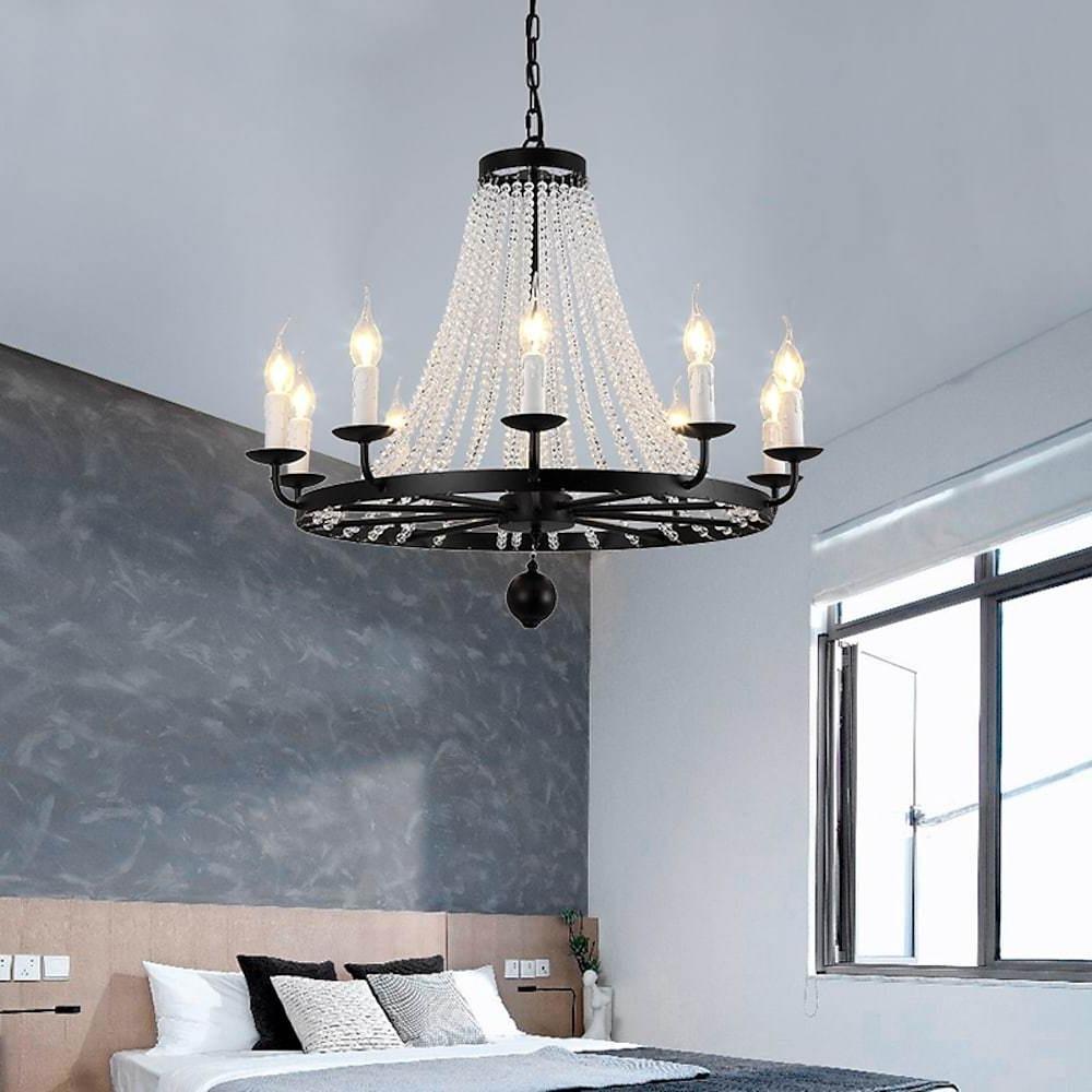 Vintage Wagon Wheel Crystal Chandelier - Black Metal Candle Style