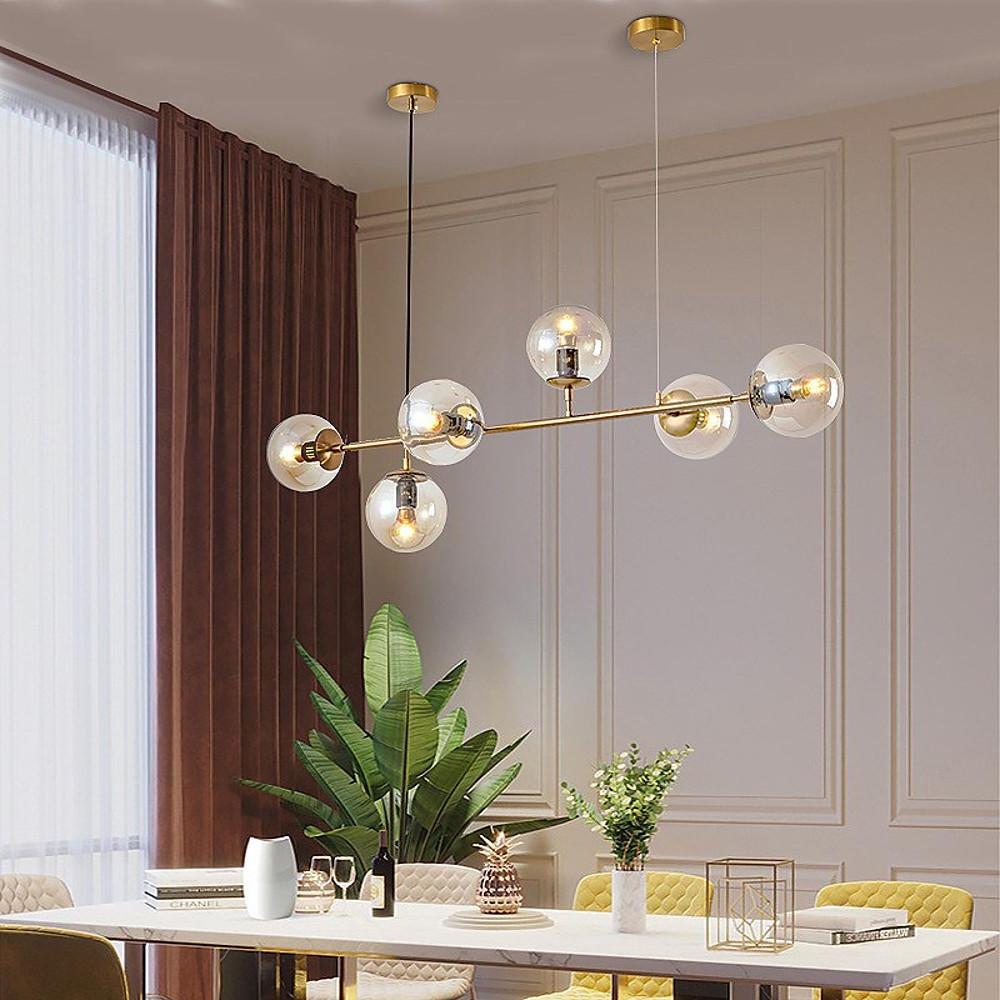 Nordic Linear Glass Globe Chandelier 4/6 Lights Gold Metal