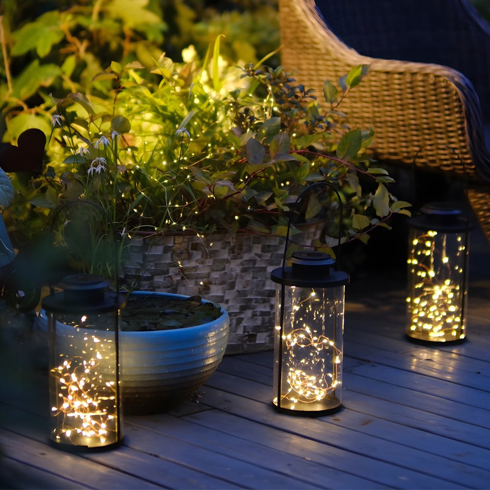 Retro Solar Lantern Glass Cylinder Firefly LED Outdoor Light