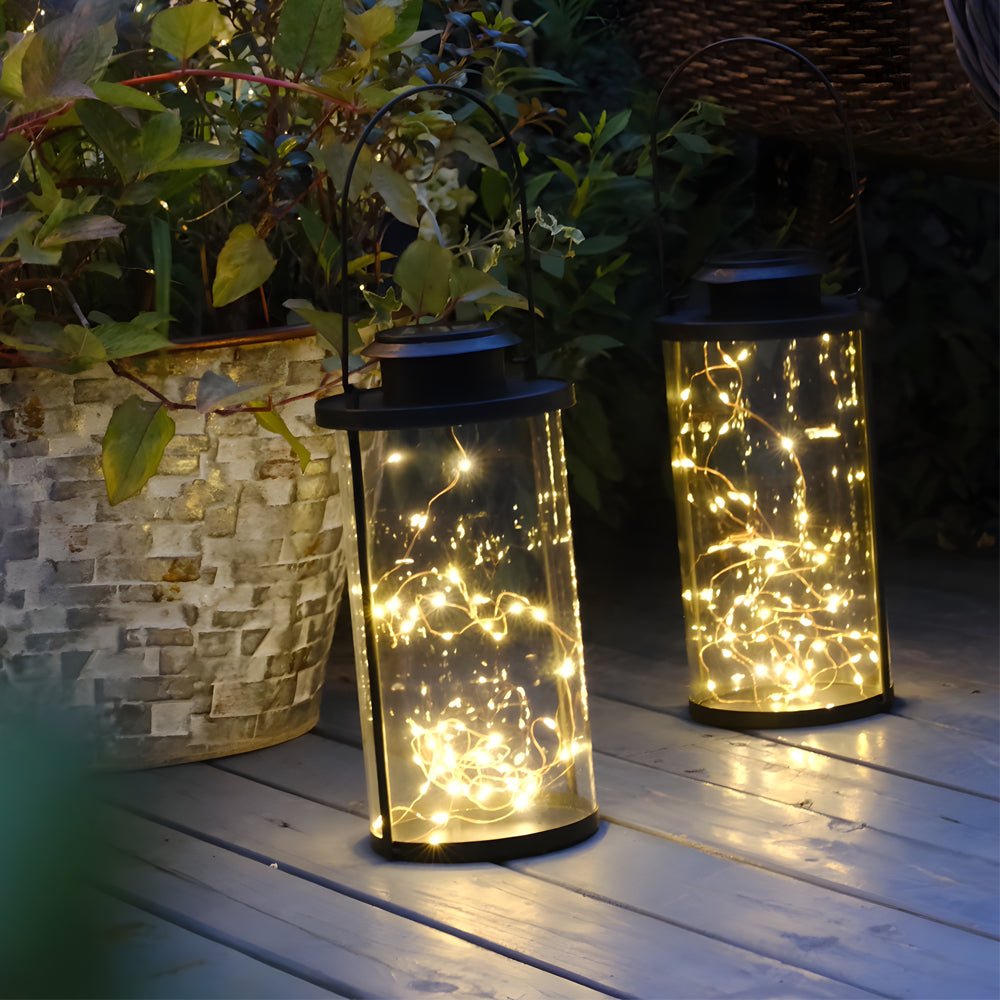 Retro Solar Lantern Glass Cylinder Firefly LED Outdoor Light