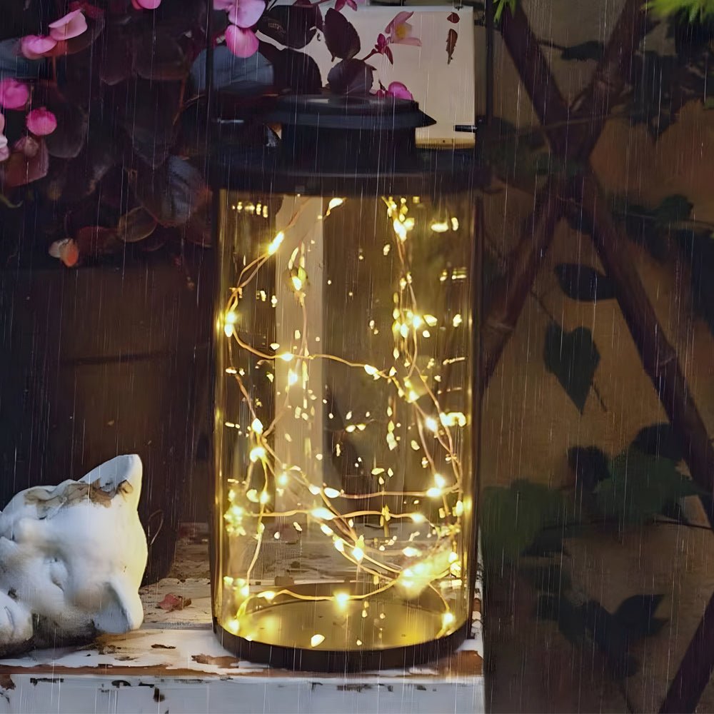 Retro Solar Lantern Glass Cylinder Firefly LED Outdoor Light