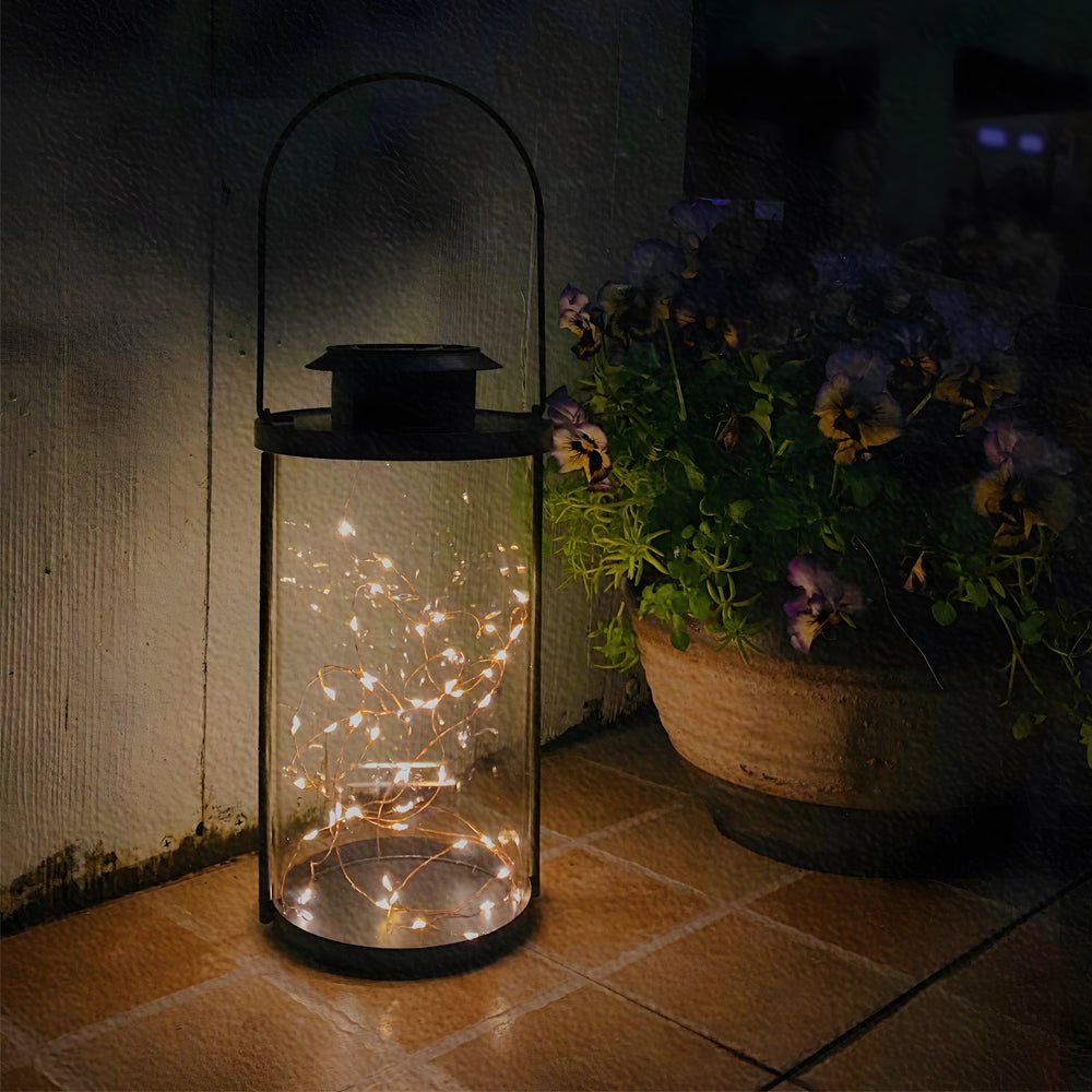 Retro Solar Lantern Glass Cylinder Firefly LED Outdoor Light