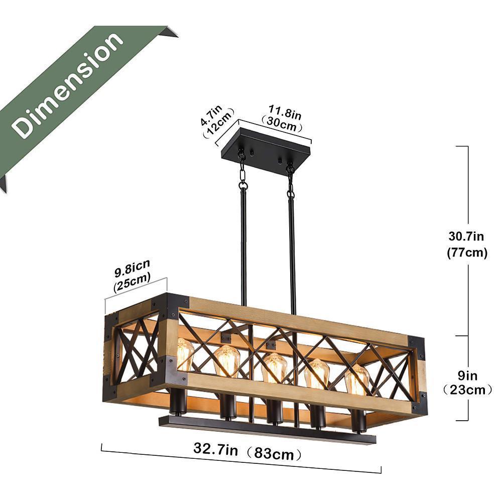 Rustic Industrial Linear Chandelier Wood & Glass Farmhouse Fixture