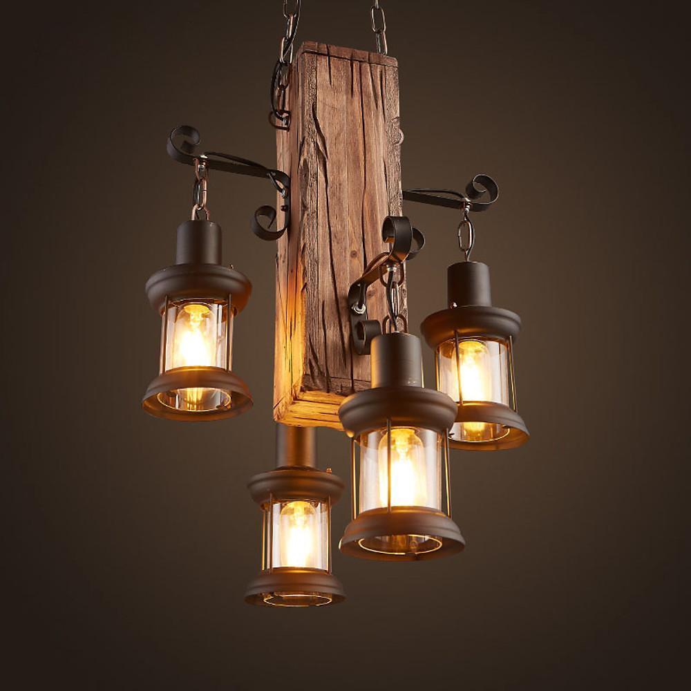 Rustic Wood Farmhouse Chandelier with 4 Lantern Lights
