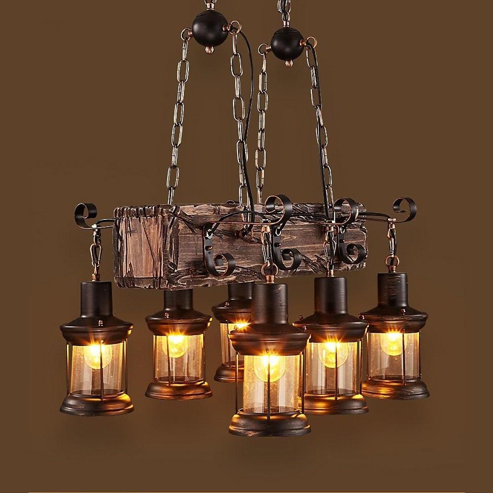 6-Light Farmhouse Wooden Chandelier with Glass Lantern Shades