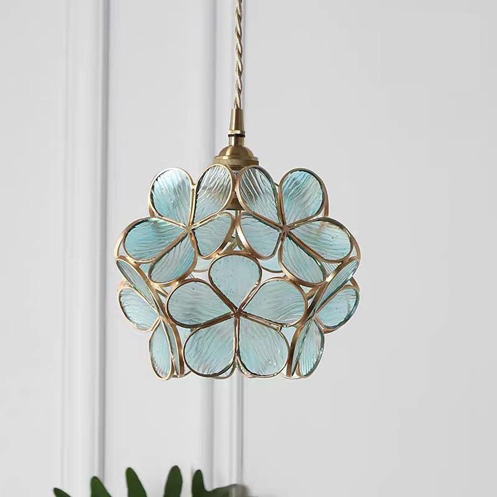 Copper Glass Pendant Light Traditional Floral Shade Single Bulb