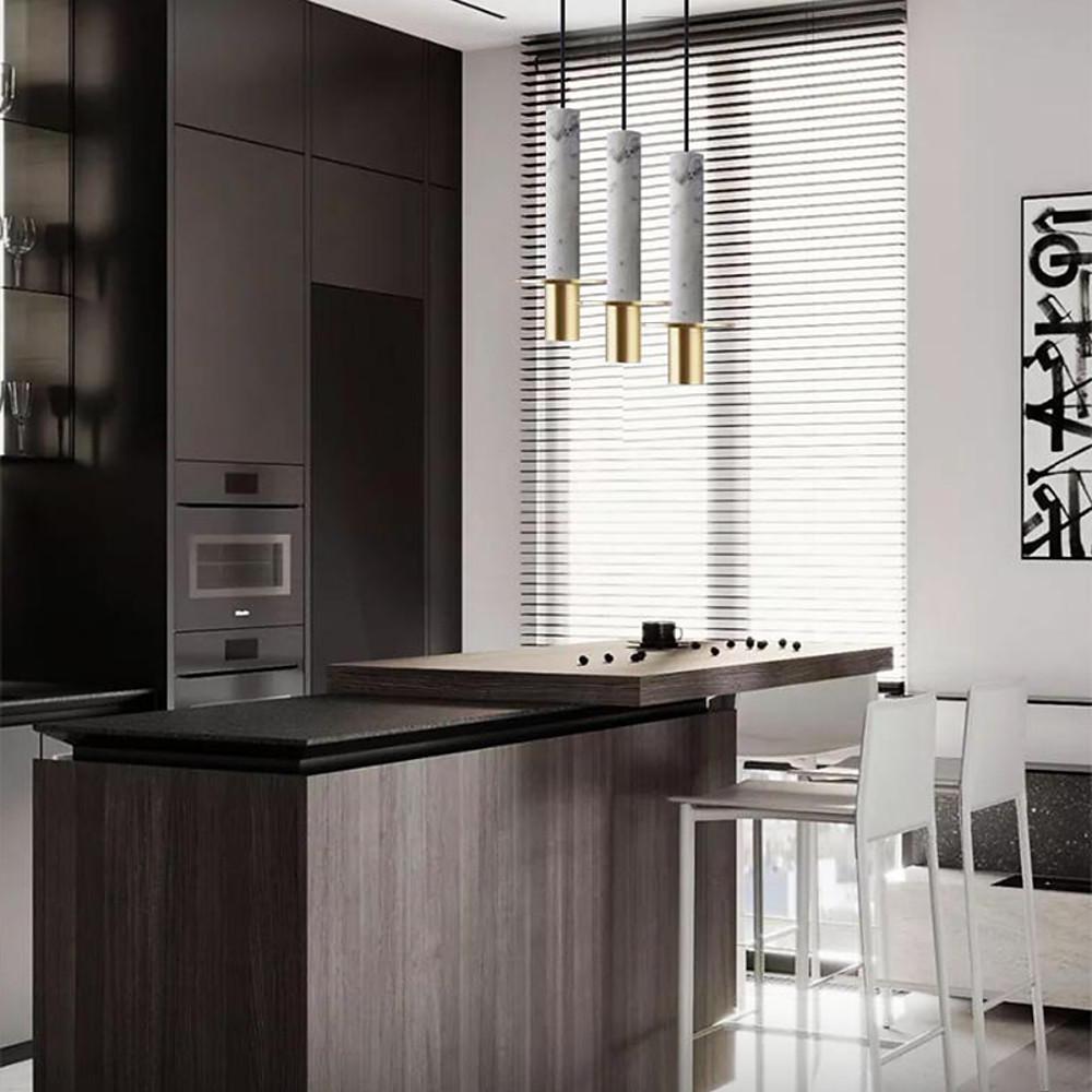 Cylindrical Pendant Light with Marble Shade and Metal Finish