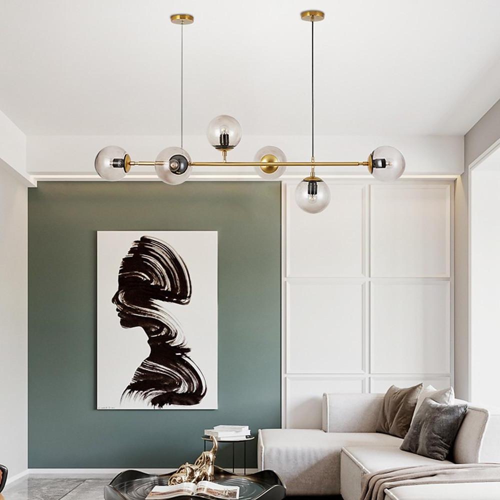 Nordic Linear Glass Globe Chandelier 4/6 Lights Gold Metal