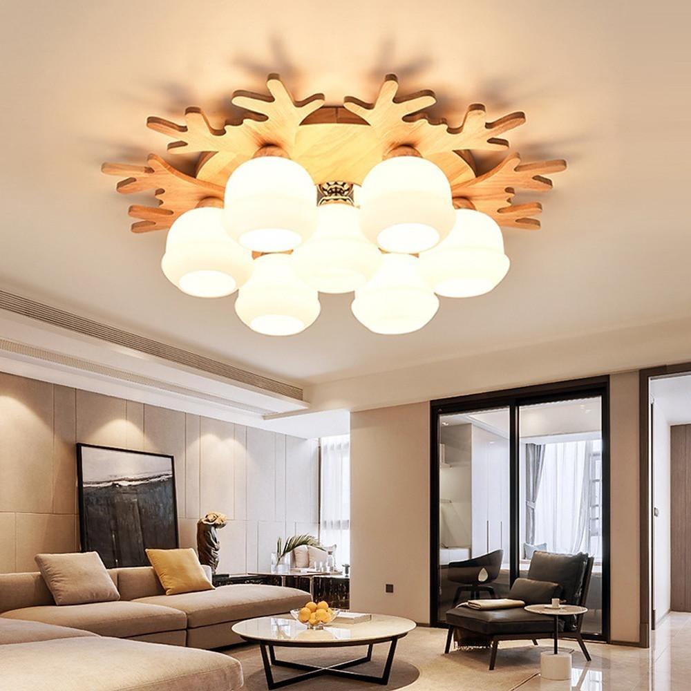 Modern Wood Glass Globe Flush Mount Ceiling Light | Ambient LED