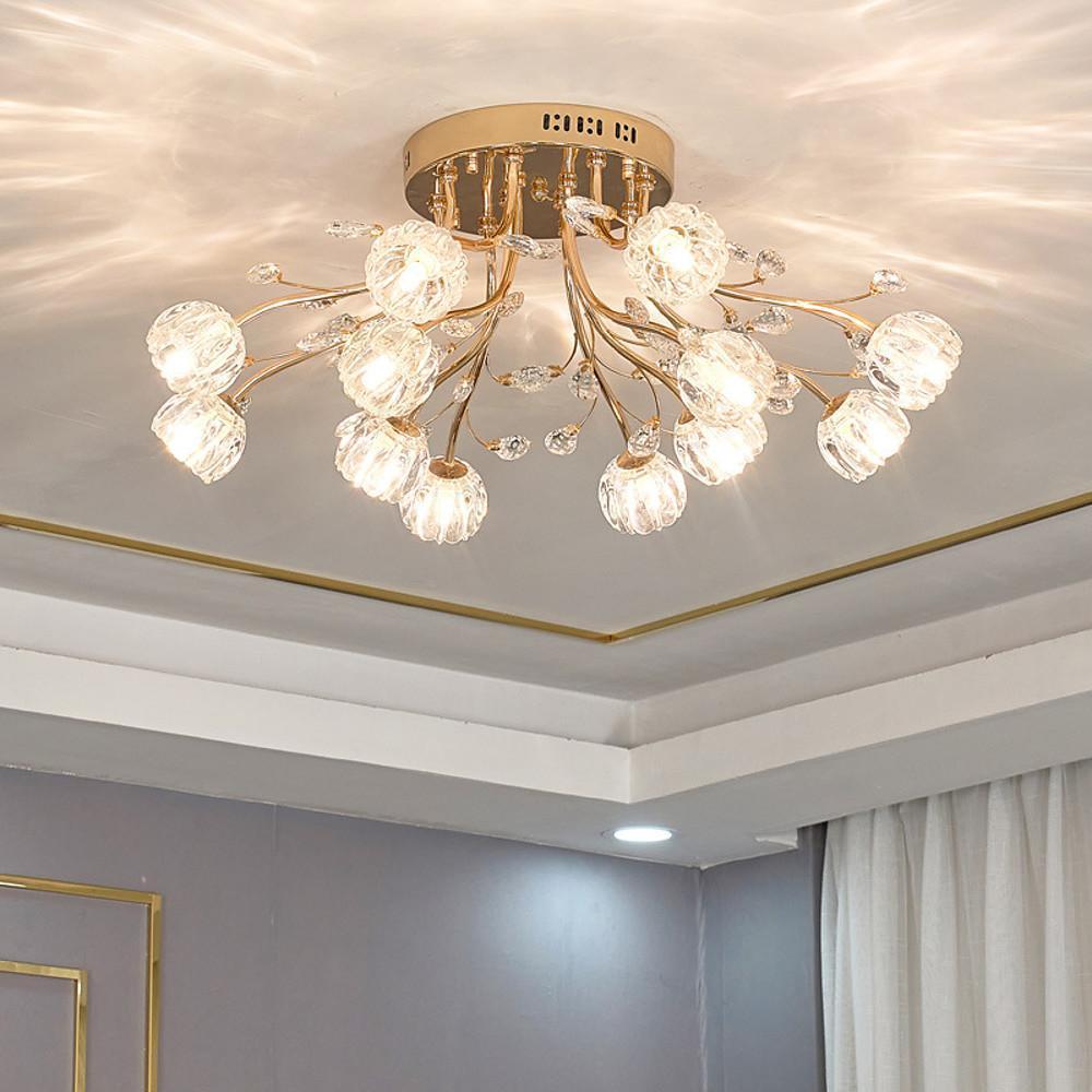 Crystal Glass Globe Flush Mount LED Ceiling Light Gold Finish
