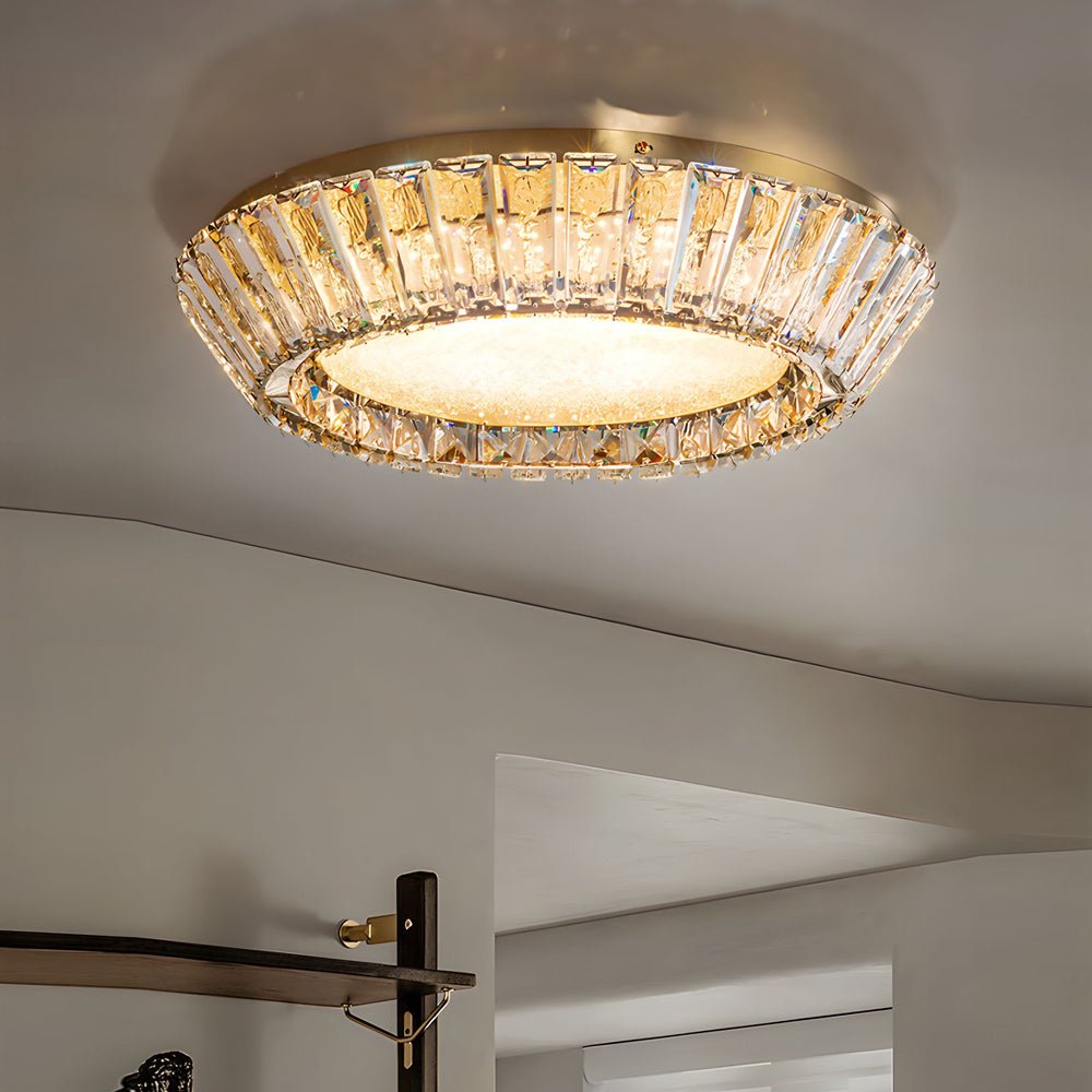 Crystal Drum Flush Mount Ceiling Light Titanium Gold Finish