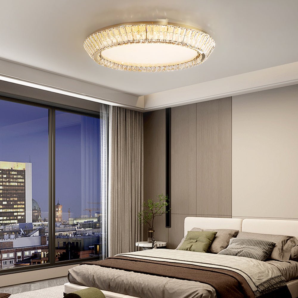 Crystal Drum Flush Mount Ceiling Light Titanium Gold Finish