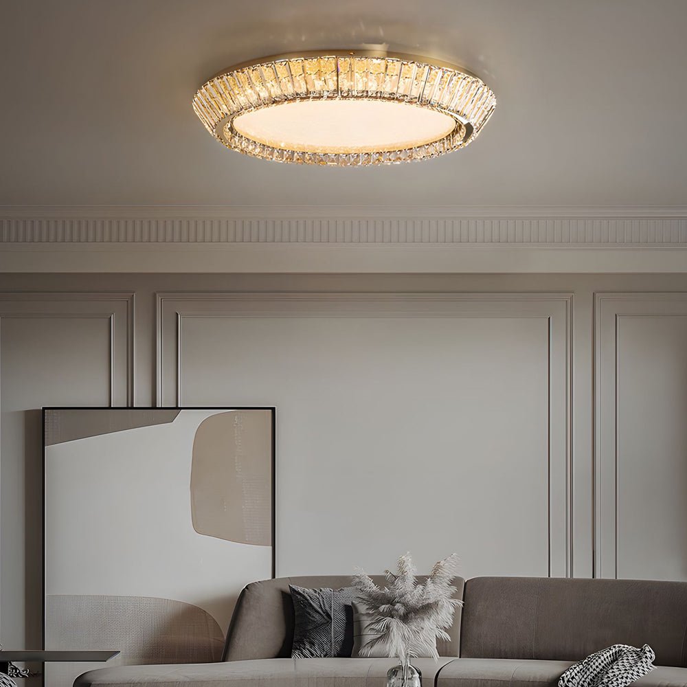 Crystal Drum Flush Mount Ceiling Light Titanium Gold Finish