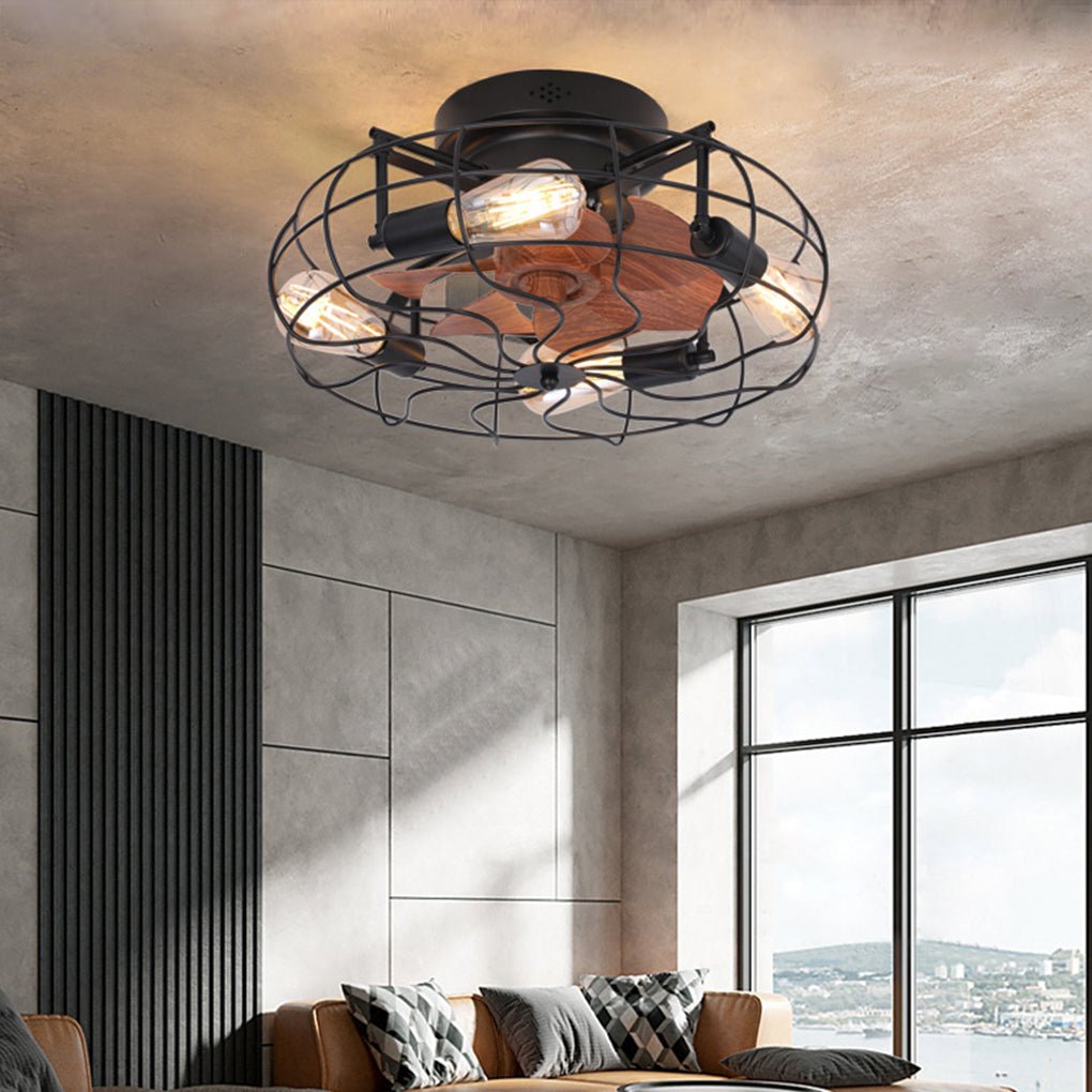 Industrial Caged Ceiling Fan with Light - Remote Control & 3-Speed