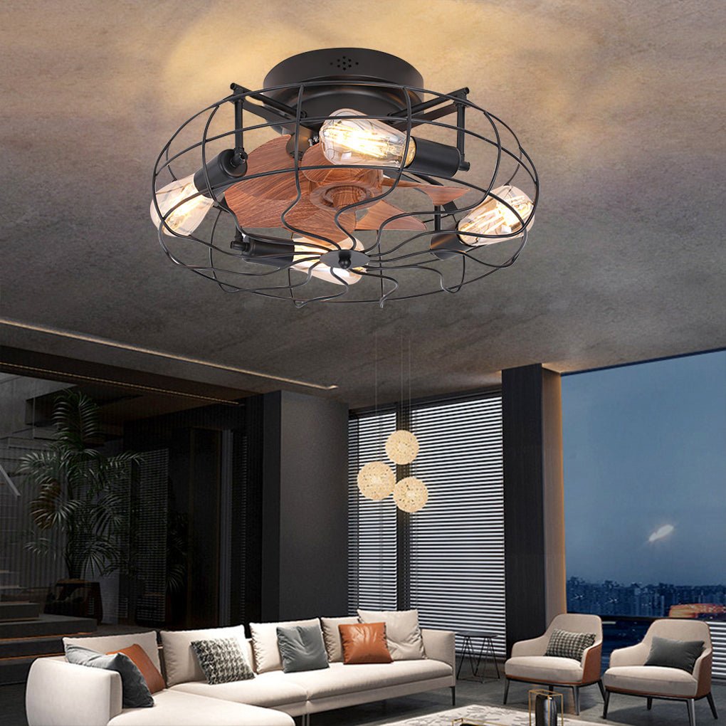 Industrial Caged Ceiling Fan with Light - Remote Control & 3-Speed