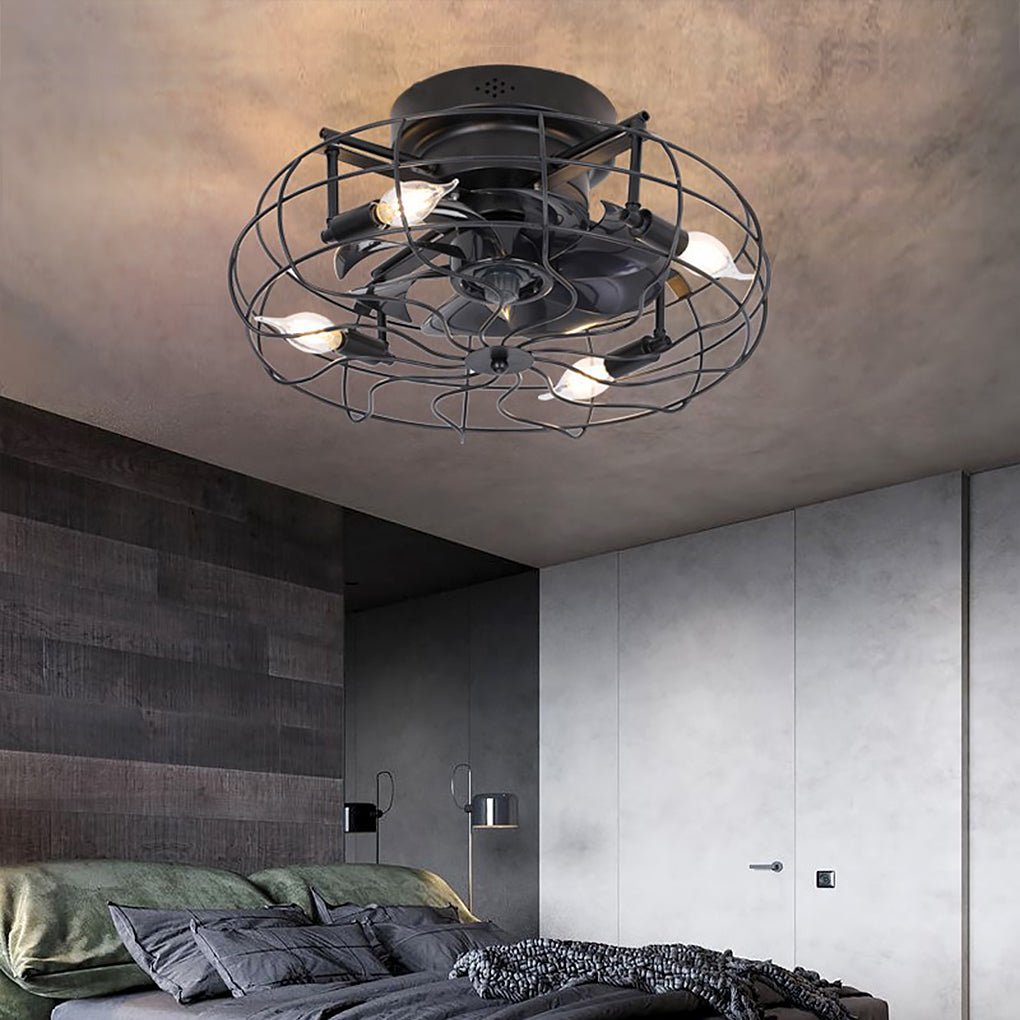 Industrial Caged Ceiling Fan with Light - Remote Control & 3-Speed