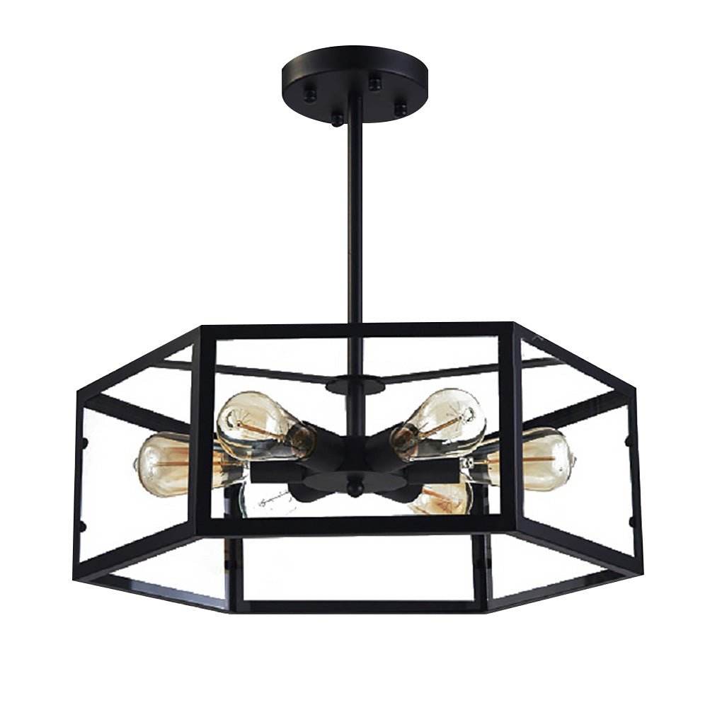 Industrial Hexagonal Glass Pendant Light – Geometric Iron Ceiling