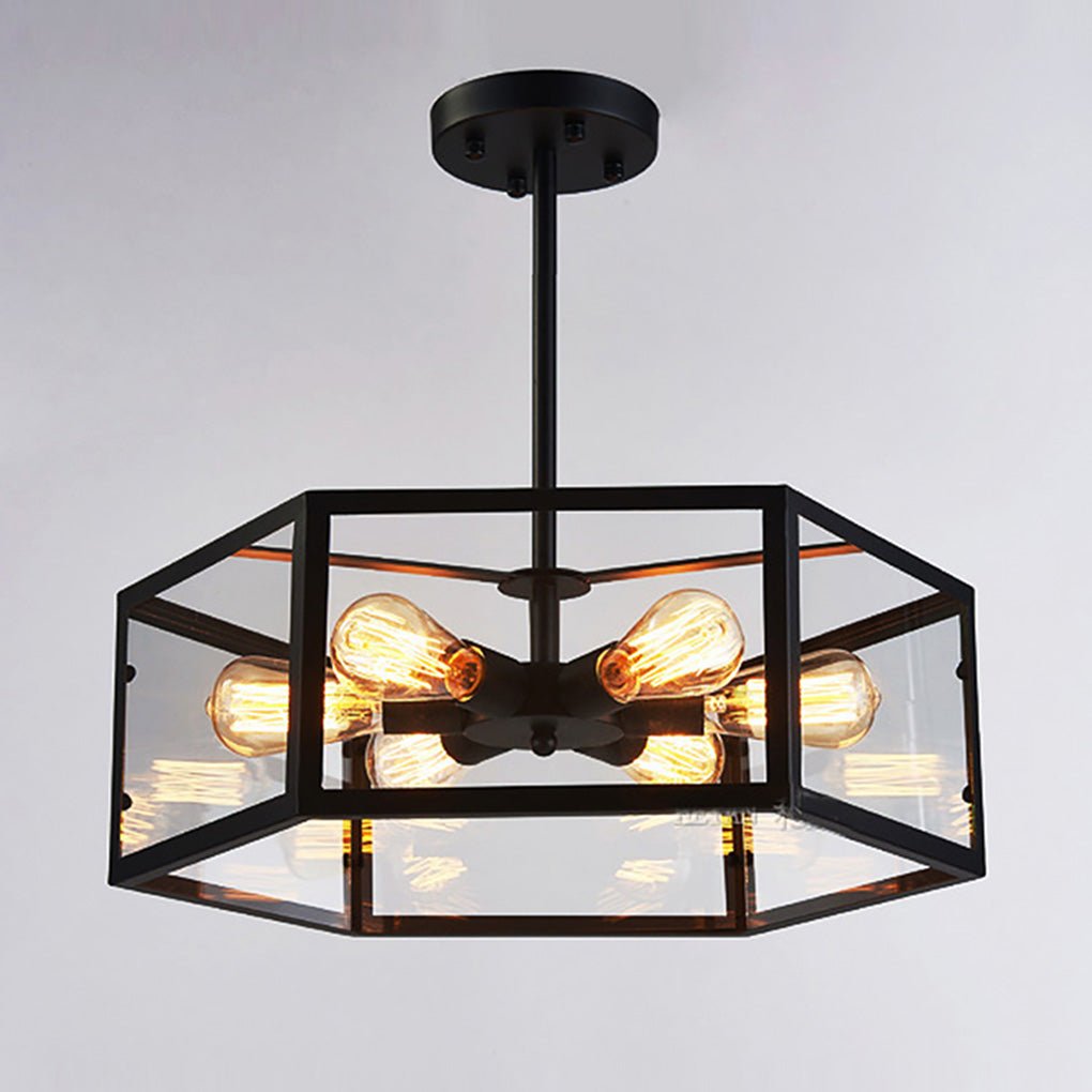 Industrial Hexagonal Glass Pendant Light – Geometric Iron Ceiling