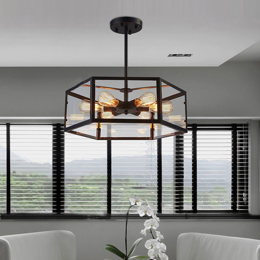 Industrial Hexagonal Glass Pendant Light – Geometric Iron Ceiling
