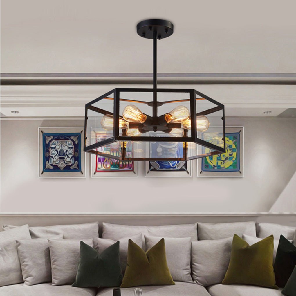 Industrial Hexagonal Glass Pendant Light – Geometric Iron Ceiling