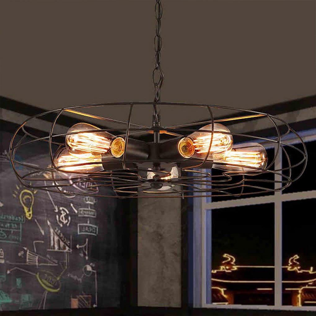 Vintage Industrial Ceiling Fan Chandelier with Iron Cage