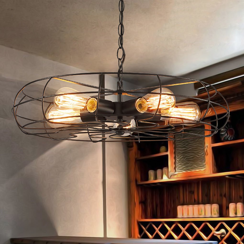 Vintage Industrial Ceiling Fan Chandelier with Iron Cage