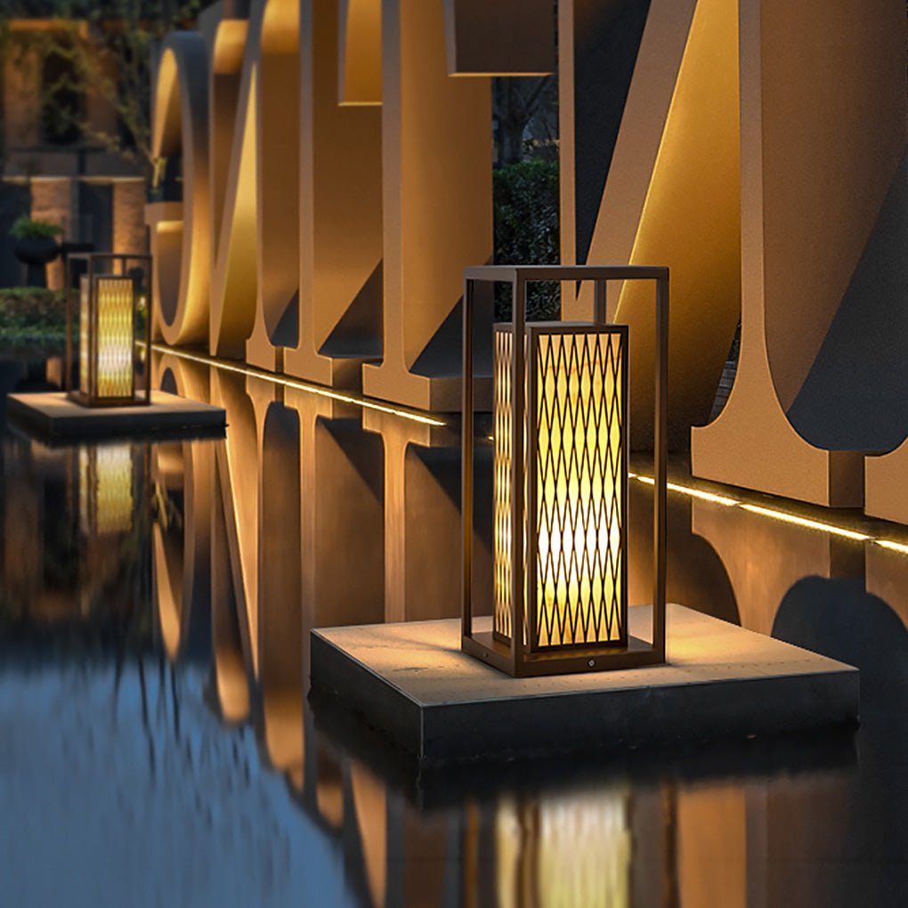 Retro Asian Rectangular Outdoor LED Post Light | Stainless Steel