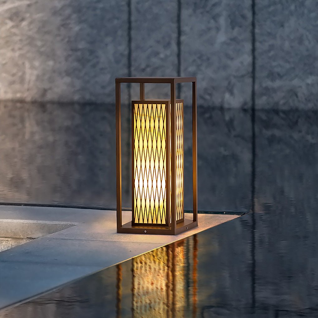 Retro Asian Rectangular Outdoor LED Post Light | Stainless Steel