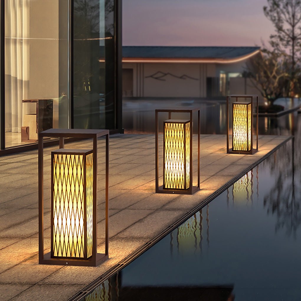 Retro Asian Rectangular Outdoor LED Post Light | Stainless Steel