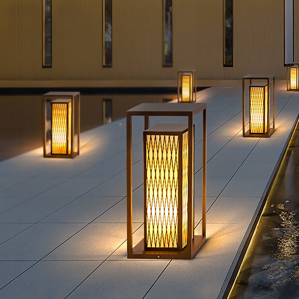 Retro Asian Rectangular Outdoor LED Post Light | Stainless Steel