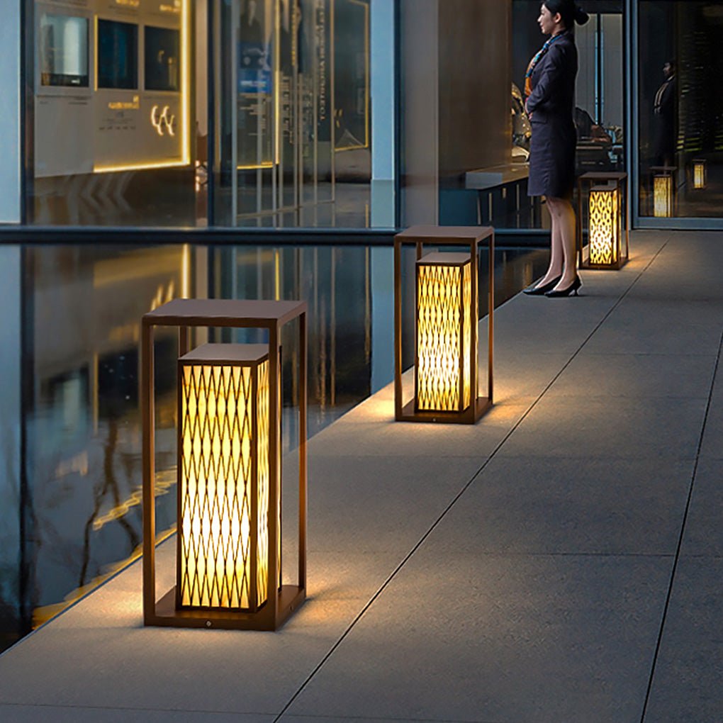 Retro Asian Rectangular Outdoor LED Post Light | Stainless Steel