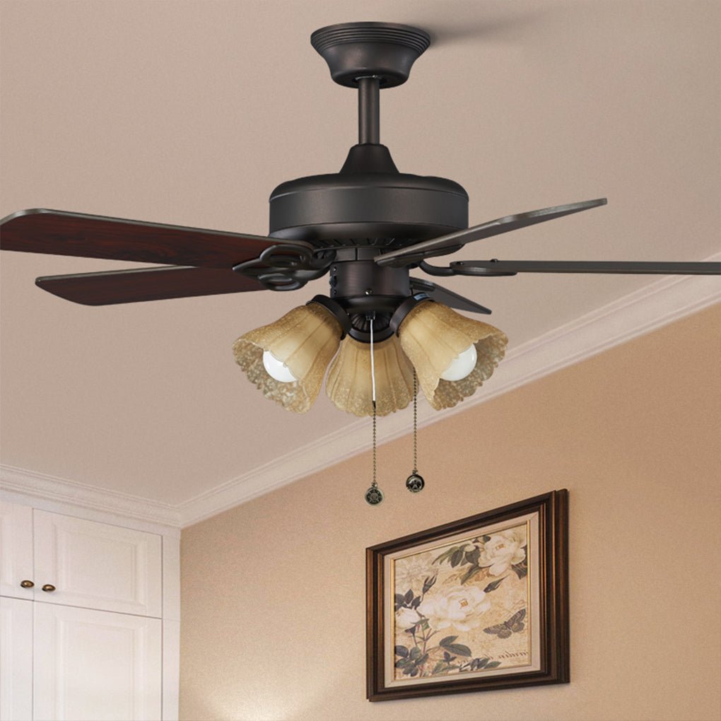 Retro Wood Blade Ceiling Fan Light with Glass Shade