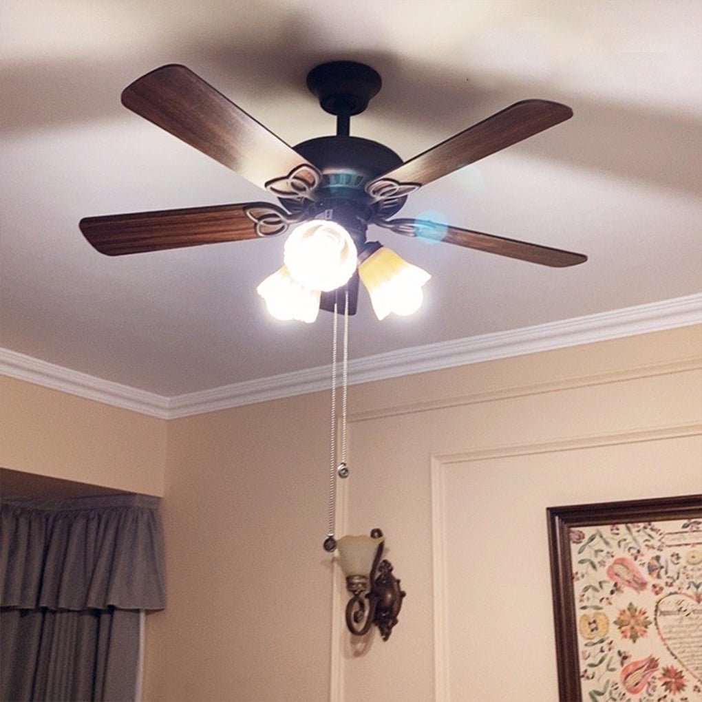 Retro Wood Blade Ceiling Fan Light with Glass Shade