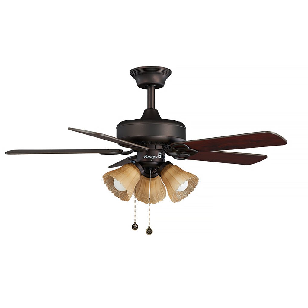 Retro Wood Blade Ceiling Fan Light with Glass Shade
