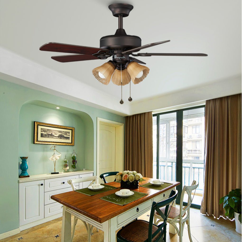 Retro Wood Blade Ceiling Fan Light with Glass Shade