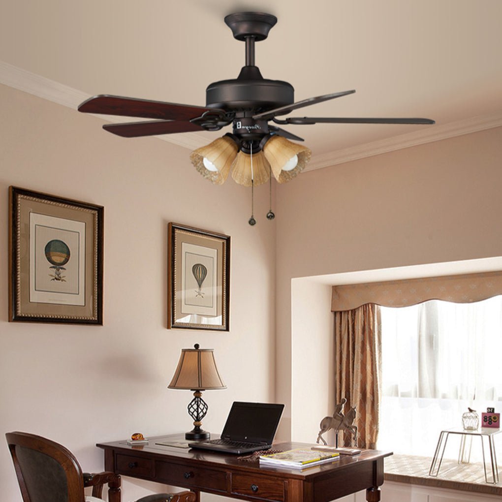 Retro Wood Blade Ceiling Fan Light with Glass Shade